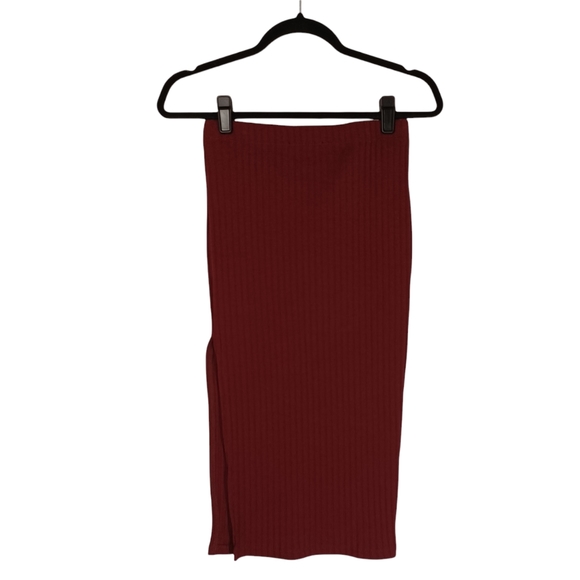 FOREVER 21 Burgundy Red Ribbed Pull On Stretchy Side Slit Midi Skirt Small - Picture 5 of 10